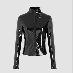 NEW Solid Faux Leather High Neck Zipper Biker Jacket in Black, Small